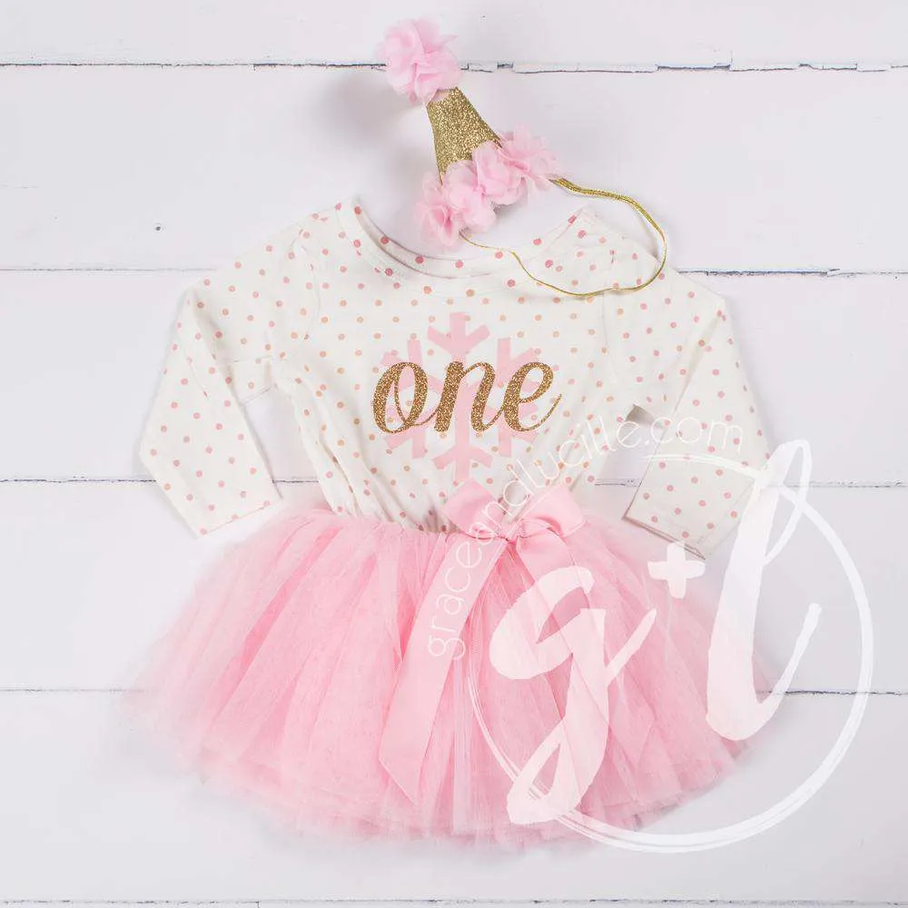 1st Birthday Christmas Outfit Pink Snowflake Gold "ONE" Pink Polka Dot Long Sleeve Tutu Dress & Pink Party Hat