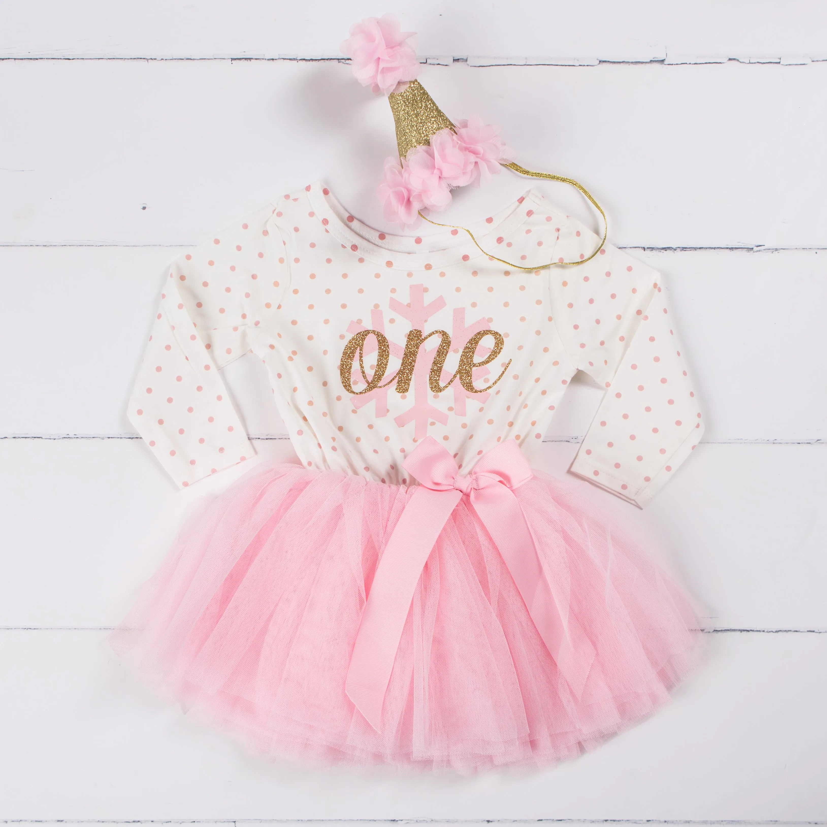 1st Birthday Christmas Outfit Pink Snowflake Gold "ONE" Pink Polka Dot Long Sleeve Tutu Dress & Pink Party Hat
