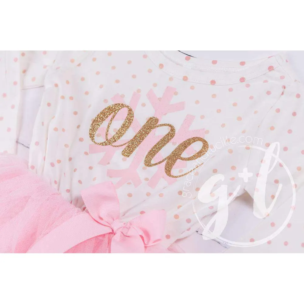 1st Birthday Christmas Outfit Pink Snowflake Gold "ONE" Pink Polka Dot Long Sleeve Tutu Dress & Pink Party Hat