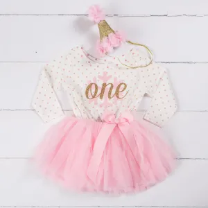 1st Birthday Christmas Outfit Pink Snowflake Gold "ONE" Pink Polka Dot Long Sleeve Tutu Dress & Pink Party Hat