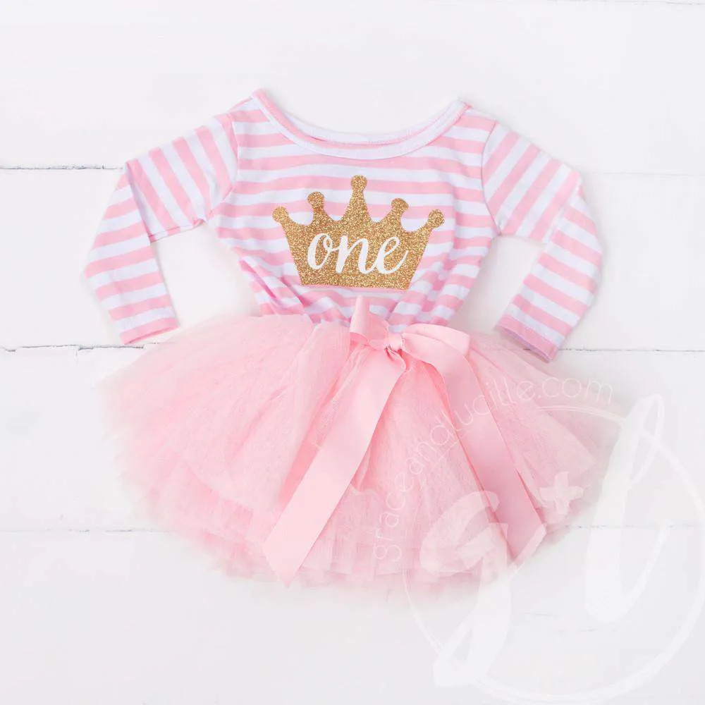 1st Birthday Dress Gold Crown "ONE" Pink Stripe Long Sleeves