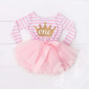 1st Birthday Dress Gold Crown "ONE" Pink Stripe Long Sleeves