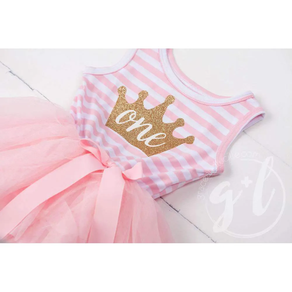 1st Birthday Dress Gold Crown "ONE" Pink Stripe Long Sleeves