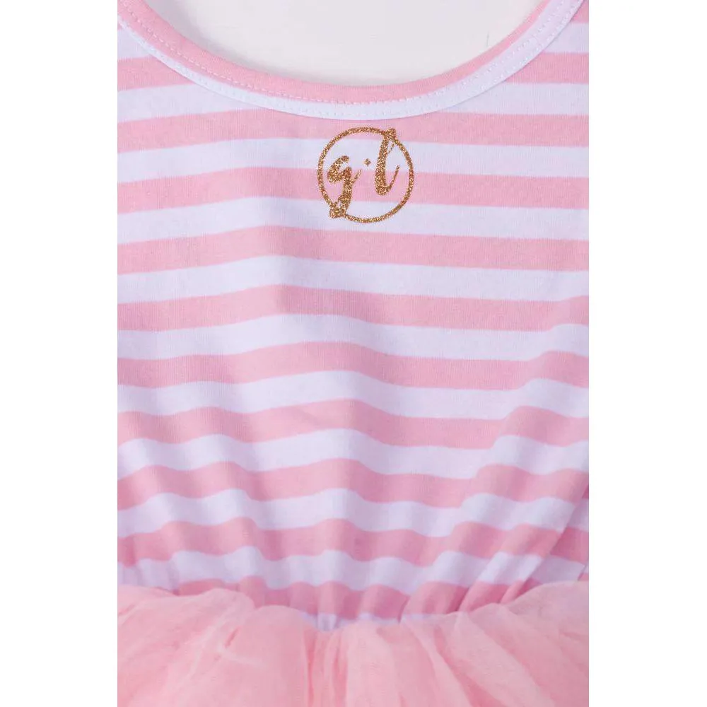 1st Birthday Dress Gold Crown "ONE" Pink Stripe Long Sleeves