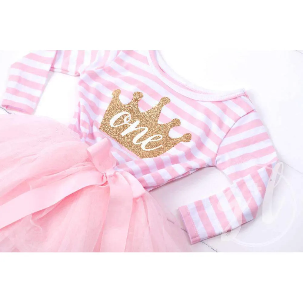 1st Birthday Dress Gold Crown "ONE" Pink Stripe Long Sleeves