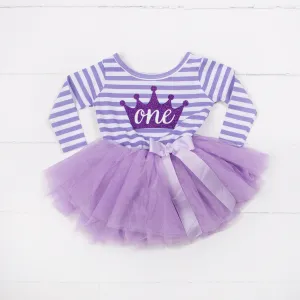1st Birthday Dress Purple Crown "ONE"  Purple Striped Long Sleeves
