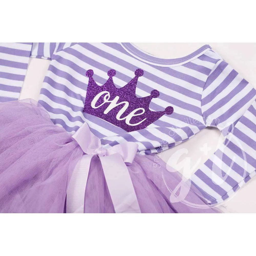 1st Birthday Dress Purple Crown "ONE"  Purple Striped Long Sleeves
