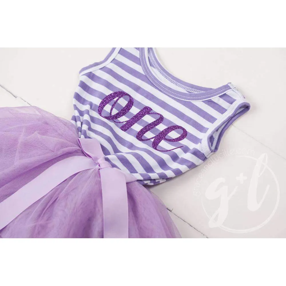 1st Birthday Dress Purple Script "ONE" Purple Striped Sleeveless *DEV*
