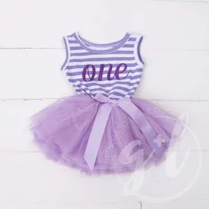 1st Birthday Dress Purple Script "ONE" Purple Striped Sleeveless *DEV*