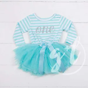 1st Birthday Dress Silver Script "ONE" Aqua Striped Long Sleeves