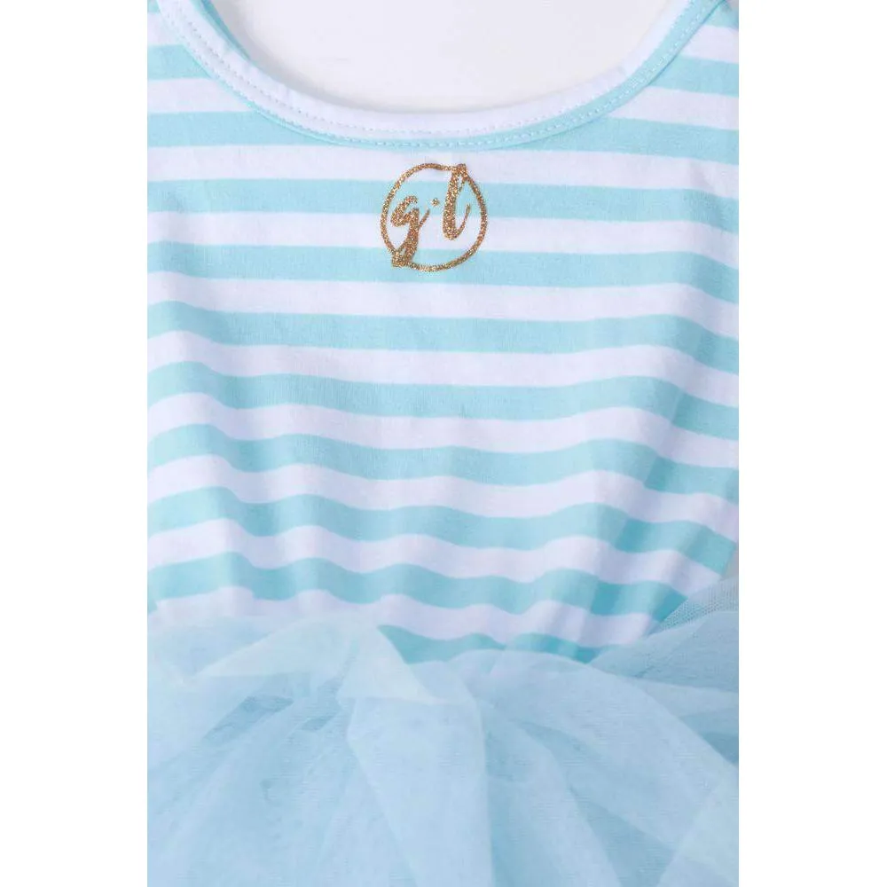 1st Birthday Dress Silver Script "ONE" Aqua Striped Long Sleeves