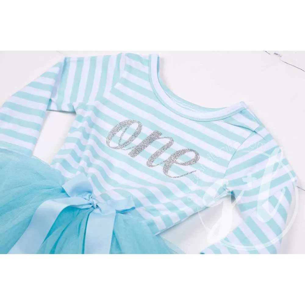 1st Birthday Dress Silver Script "ONE" Aqua Striped Long Sleeves