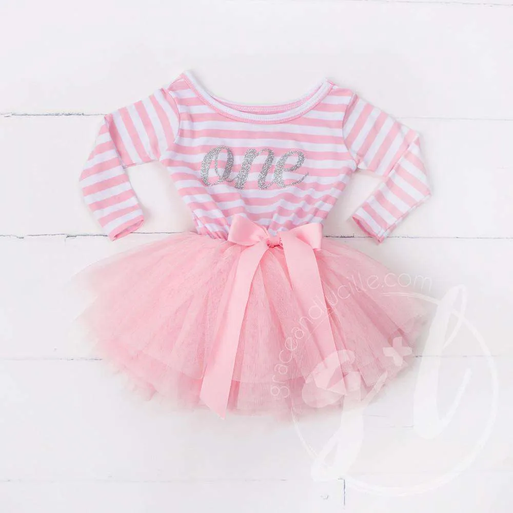 1st Birthday Dress Silver Script "ONE" Pink Striped Long Sleeved