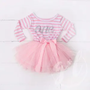 1st Birthday Dress Silver Script "ONE" Pink Striped Long Sleeved