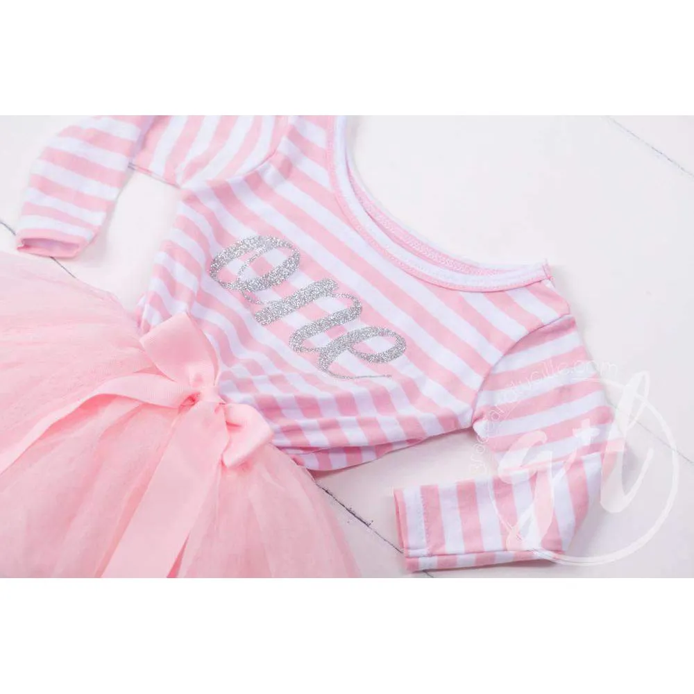 1st Birthday Dress Silver Script "ONE" Pink Striped Long Sleeved