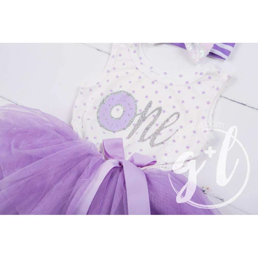 1st Birthday Outfit Donut "One" Purple Polka Dot Sleeveless Tutu Dress & Opalescent Bow Headband