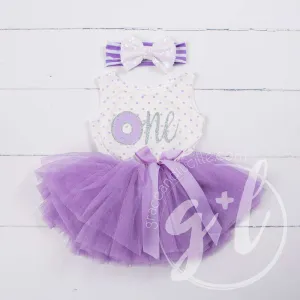 1st Birthday Outfit Donut "One" Purple Polka Dot Sleeveless Tutu Dress & Opalescent Bow Headband