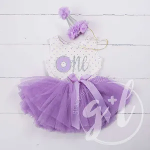 1st Birthday Outfit Donut "One" Purple Polka Dot Sleeveless Tutu Dress & Purple Princess Party Hat