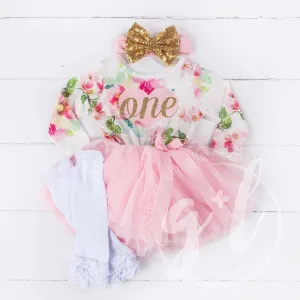 1st Birthday Outfit Pink Heart Gold "ONE" Pink Floral Long Sleeve Dress, White Leg Warmers & Gold Bow Pink Headband