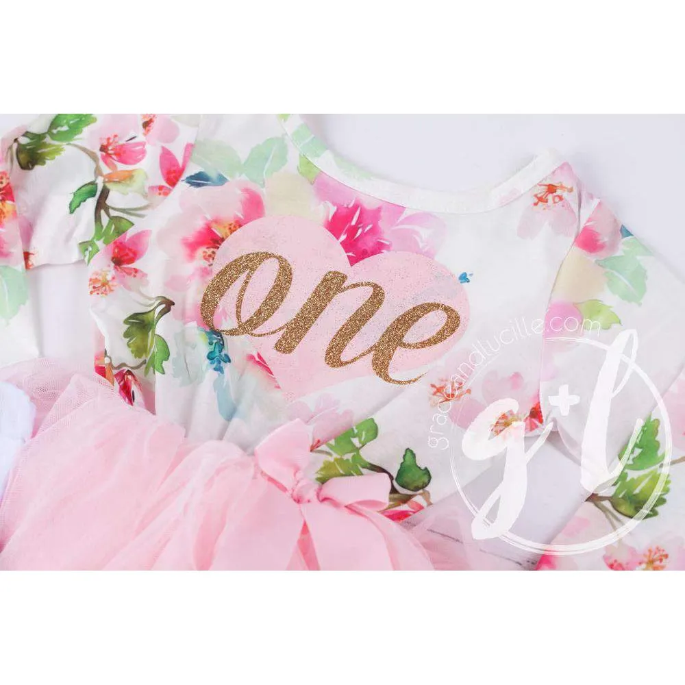 1st Birthday Outfit Pink Heart Gold "ONE" Pink Floral Long Sleeve Dress, White Leg Warmers & Gold Bow Pink Headband