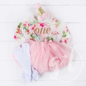 1st Birthday Outfit Pink Heart Gold "ONE" Pink Floral Long Sleeve Dress, White Leg Warmers & Pink Hat