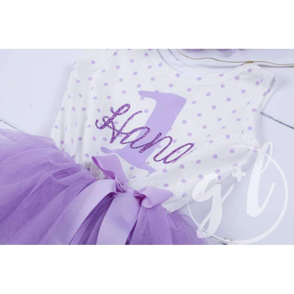 1st Birthday Outfit Purple ONE & HER NAME Purple Polka Dot Sleeveless Tutu Dress