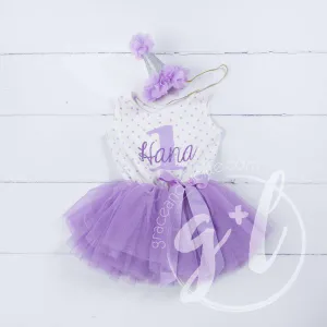 1st Birthday Outfit Purple ONE & HER NAME Purple Polka Dot Sleeveless Tutu Dress