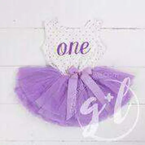 1st Birthday Outfit Purple Script "ONE" on Purple Polka Dot Sleeveless Dress