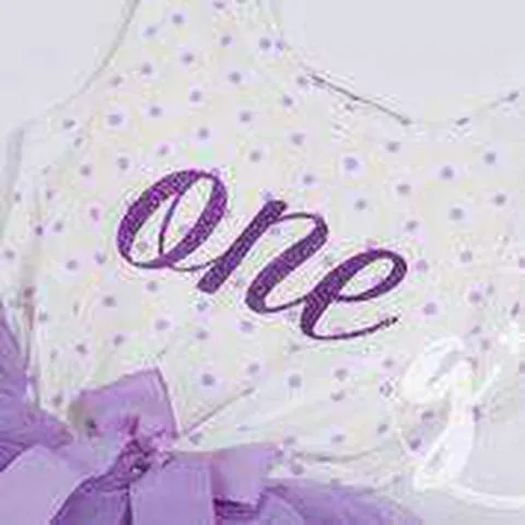 1st Birthday Outfit Purple Script "ONE" on Purple Polka Dot Sleeveless Dress