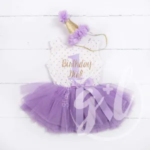 1st Birthday Outfit "Birthday Girl & 1" Purple Polka Dot Sleeveless Dress & Purple Party Hat