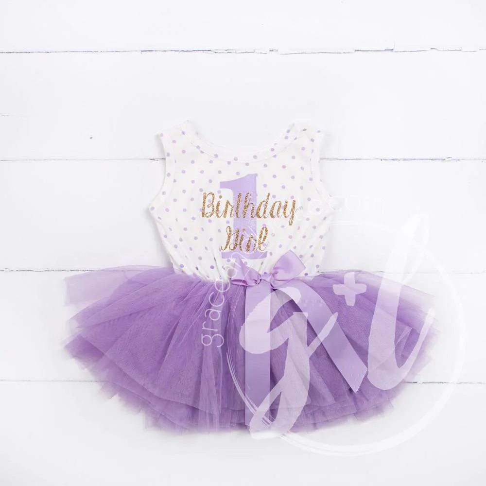 1st Birthday Outfit "Birthday Girl & 1" Purple Polka Dot Sleeveless Dress & Purple Party Hat