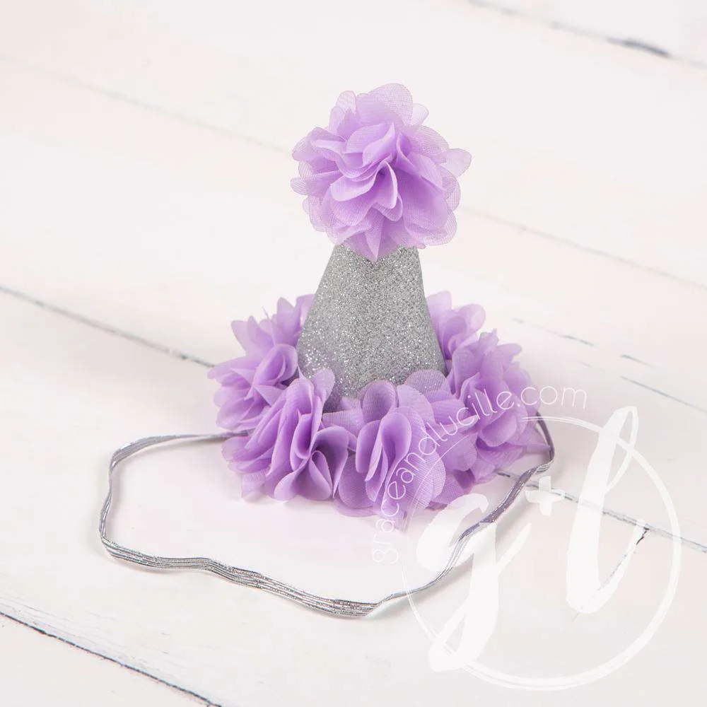 1st Birthday Outfit Silver Donut "ONE" on Purple Polka Dot Long Sleeve Dress & Purple/Silver Party Hat