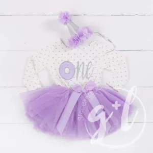 1st Birthday Outfit Silver Donut "ONE" on Purple Polka Dot Long Sleeve Dress & Purple/Silver Party Hat