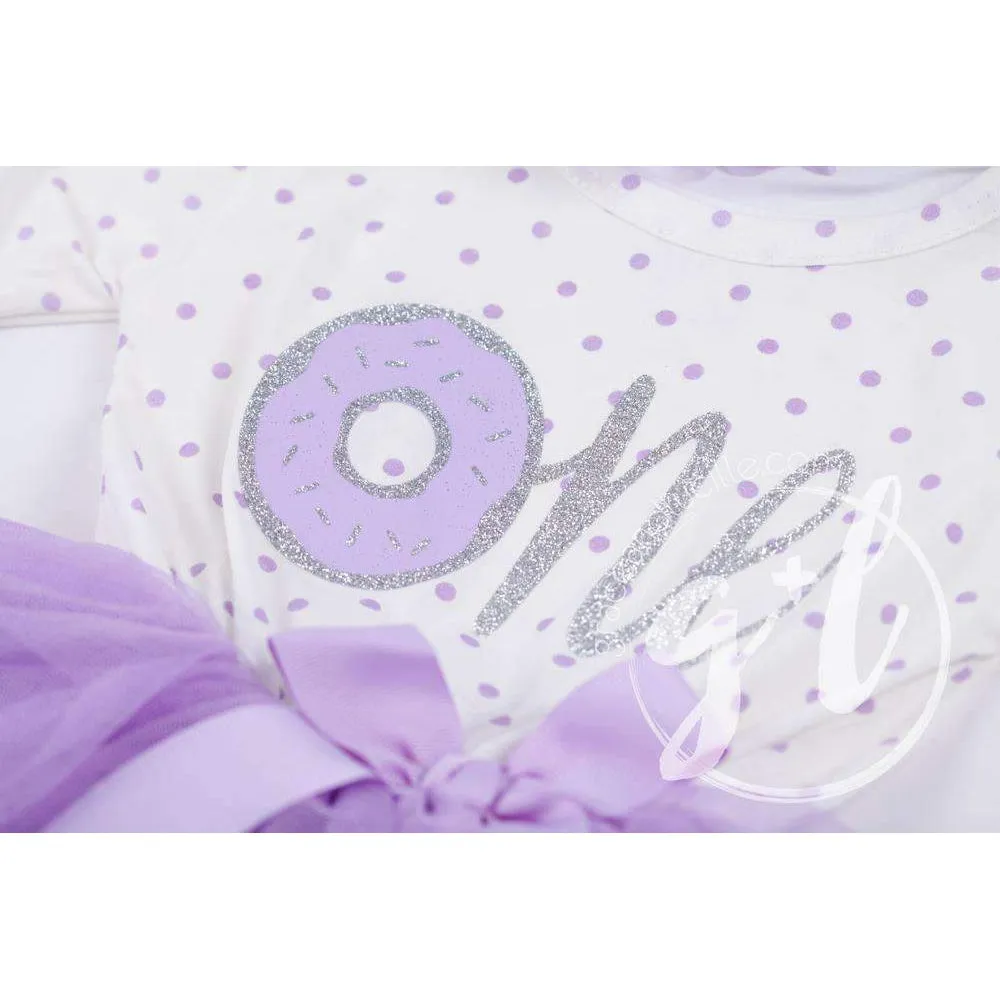 1st Birthday Outfit Silver Donut "ONE" on Purple Polka Dot Long Sleeve Dress & Purple/Silver Party Hat