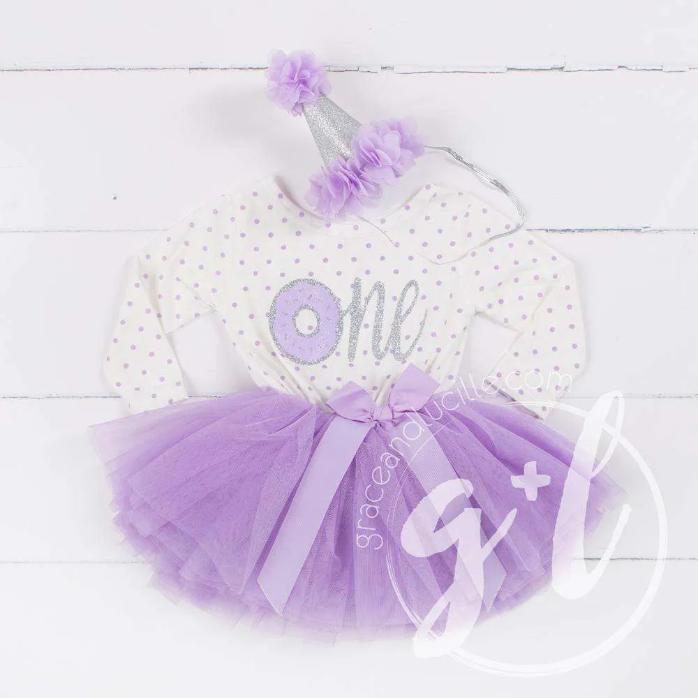 1st Birthday Outfit Silver Donut "ONE" on Purple Polka Dot Long Sleeve Dress & Purple/Silver Party Hat