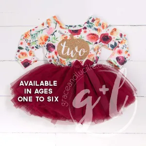 2nd Birthday Dress pumpkin Gold "TWO" Fall Floral Long Sleeve Dress Combo with Pink Party Hat