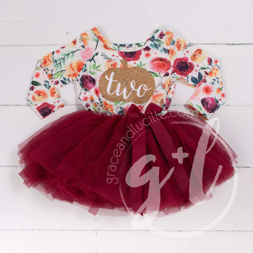 2nd Birthday Dress pumpkin Gold "TWO" Fall Floral Long Sleeve Dress Combo with Pink Party Hat