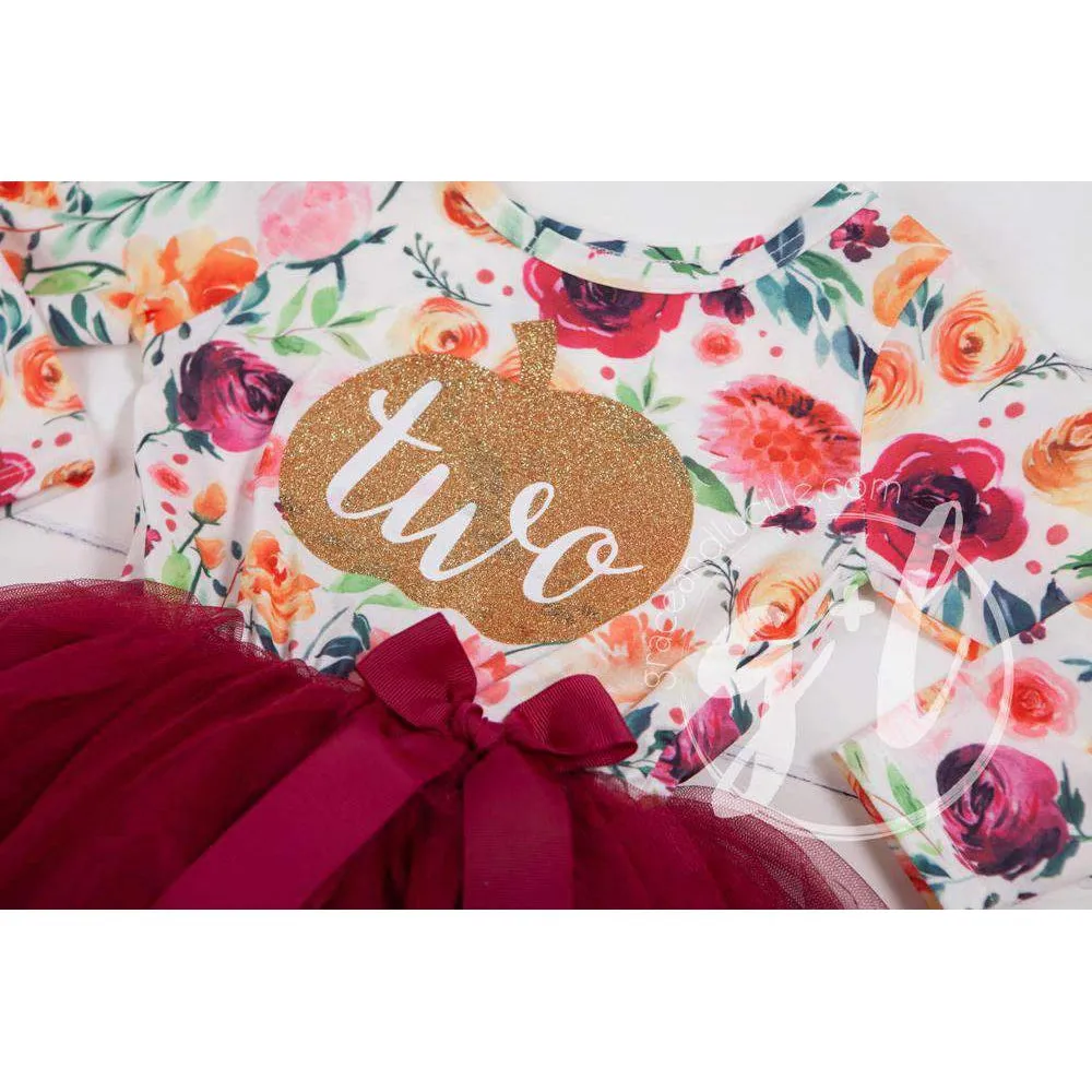 2nd Birthday Dress pumpkin Gold "TWO" Fall Floral Long Sleeve Dress Combo with Pink Party Hat