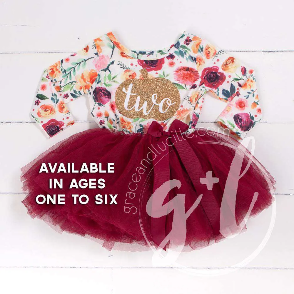 2nd Birthday Dress pumpkin Gold "TWO" Fall Floral Long Sleeve Dress Combo with Pink Party Hat