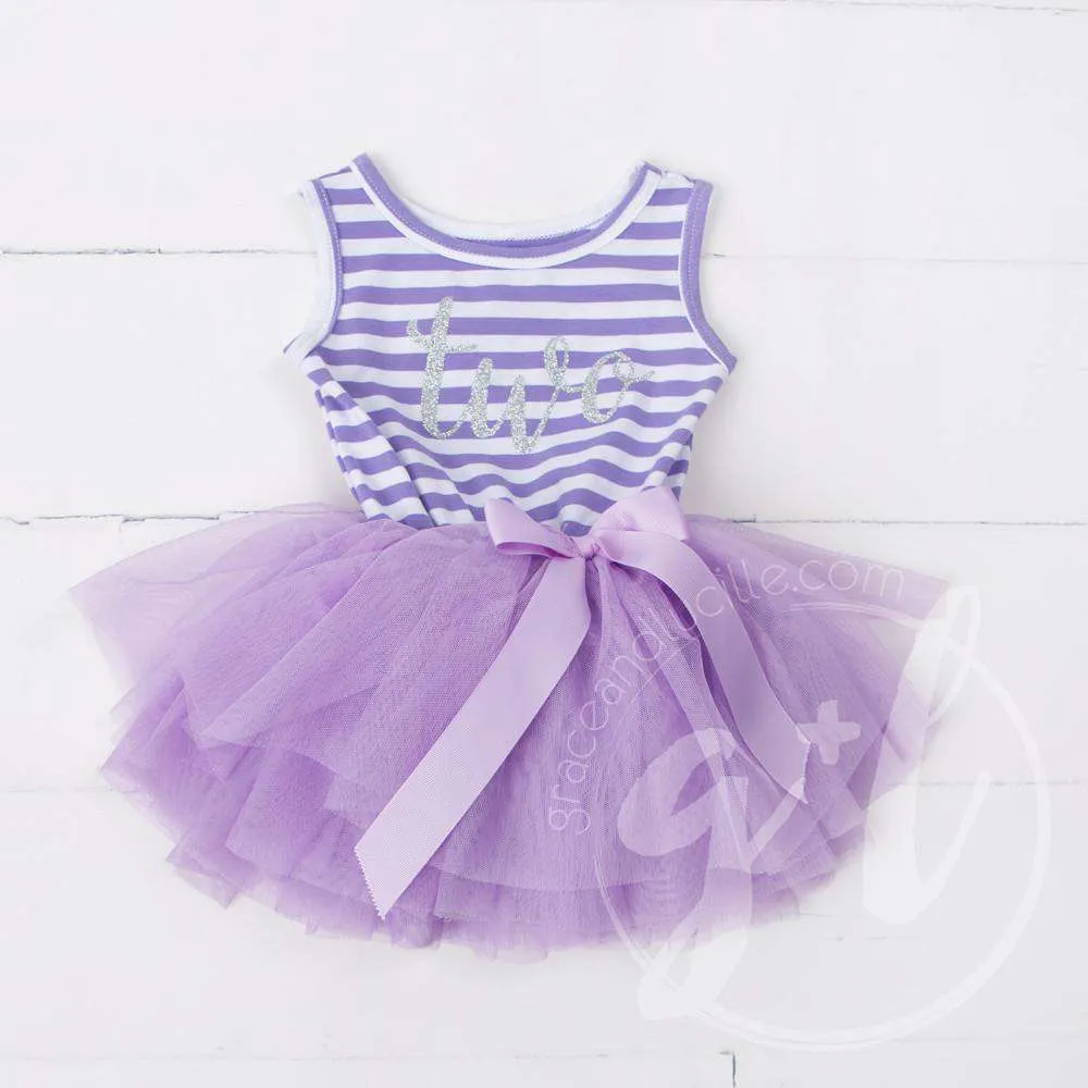2nd Birthday Dress Silver Script "TWO" Purple Striped Sleeveless