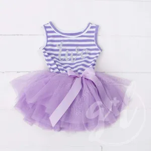 2nd Birthday Dress Silver Script "TWO" Purple Striped Sleeveless