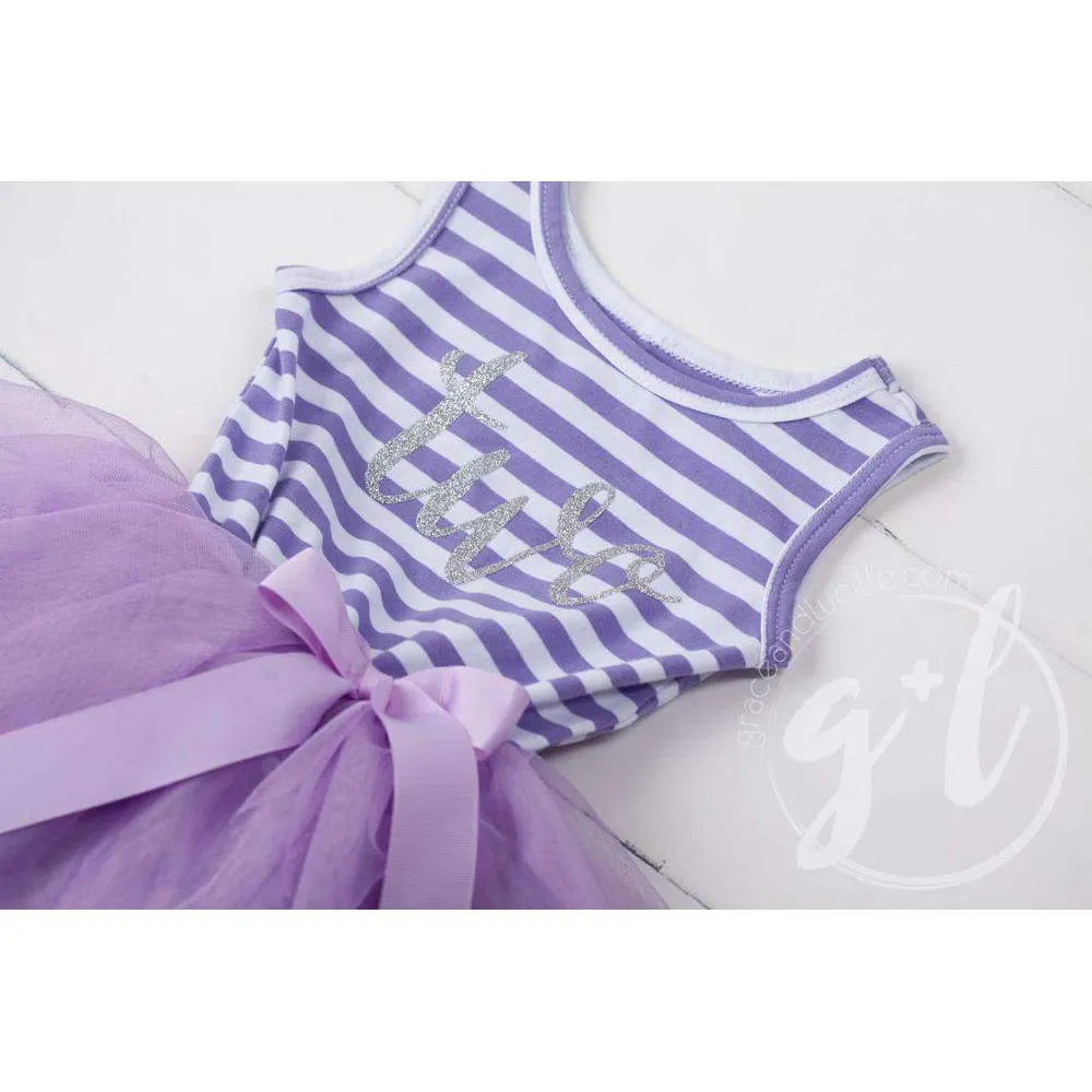 2nd Birthday Dress Silver Script "TWO" Purple Striped Sleeveless