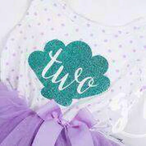 2nd Birthday Mermaid Outfit Aqua Shell & "TWO" on Purple Polka Dot Sleeveless Dress