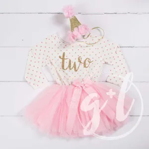 2nd Birthday Outfit Gold Script "TWO" Pink Polka Dot Long Sleeve Tutu Dress & Pink Party Hat
