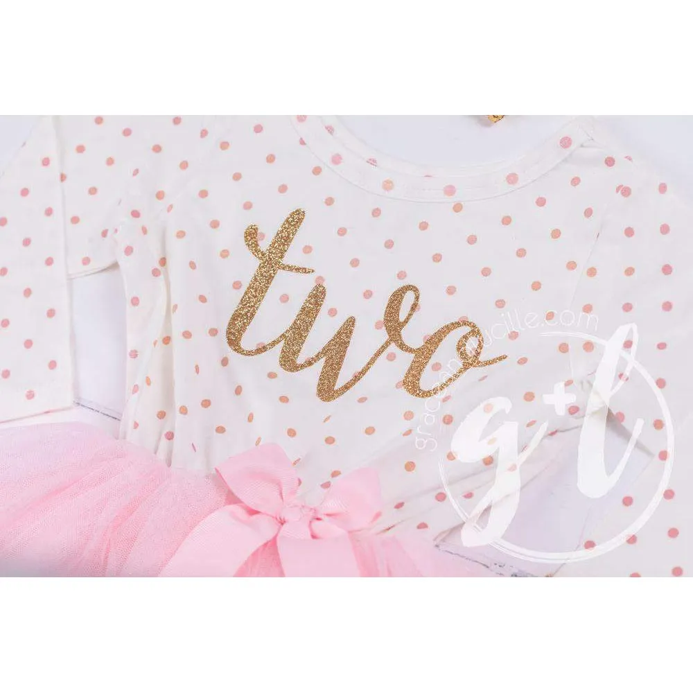 2nd Birthday Outfit Gold Script "TWO" Pink Polka Dot Long Sleeve Tutu Dress & Pink Party Hat