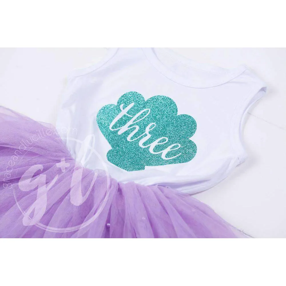 3rd Birthday Dress Aqua Mermaid Shell on Sleeveless White Top with Purple Tutu