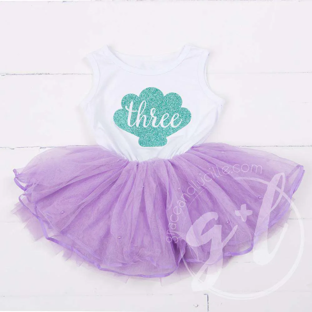 3rd Birthday Dress Aqua Mermaid Shell on Sleeveless White Top with Purple Tutu