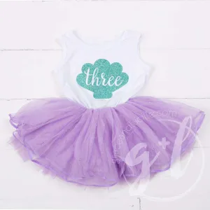 3rd Birthday Dress Aqua Mermaid Shell on Sleeveless White Top with Purple Tutu