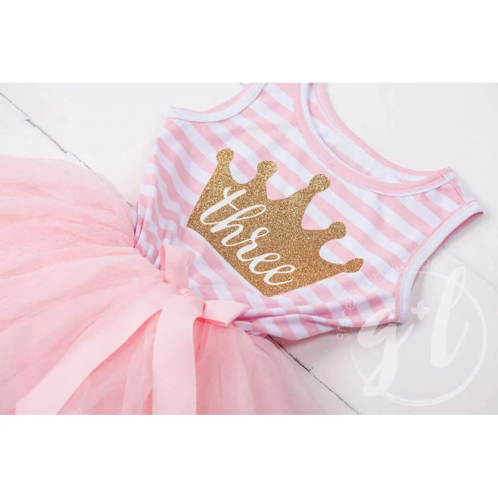 3rd Birthday Dress Gold Crown "THREE" Pink Striped Sleeveless