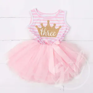 3rd Birthday Dress Gold Crown "THREE" Pink Striped Sleeveless